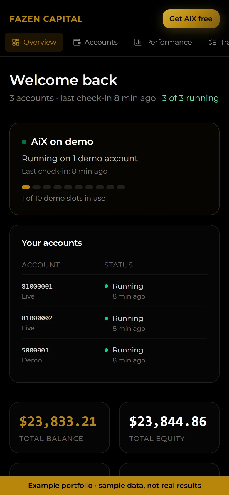 Das Fazen Capital Dashboard mit einem Beispielportfolio aus drei Konten.